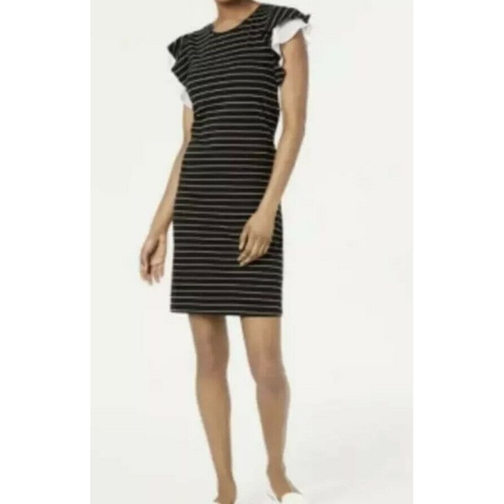 Maison Jules‎ Women's Shift Dress Black White XXS Flutter-Sleeve Striped